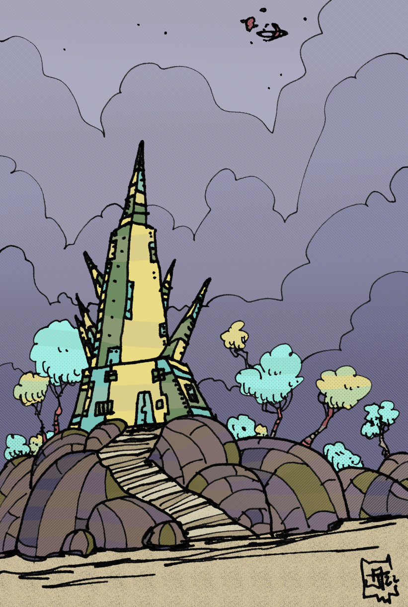 Digitally-colored ink drawing of a vibrantly-colored industrial tower resting upon a mound of large rocks. It is surrounded by colorful, puffy trees,there's layers of storm clouds behind it, and there's a cracked planet with a ring around it visible in the sky.