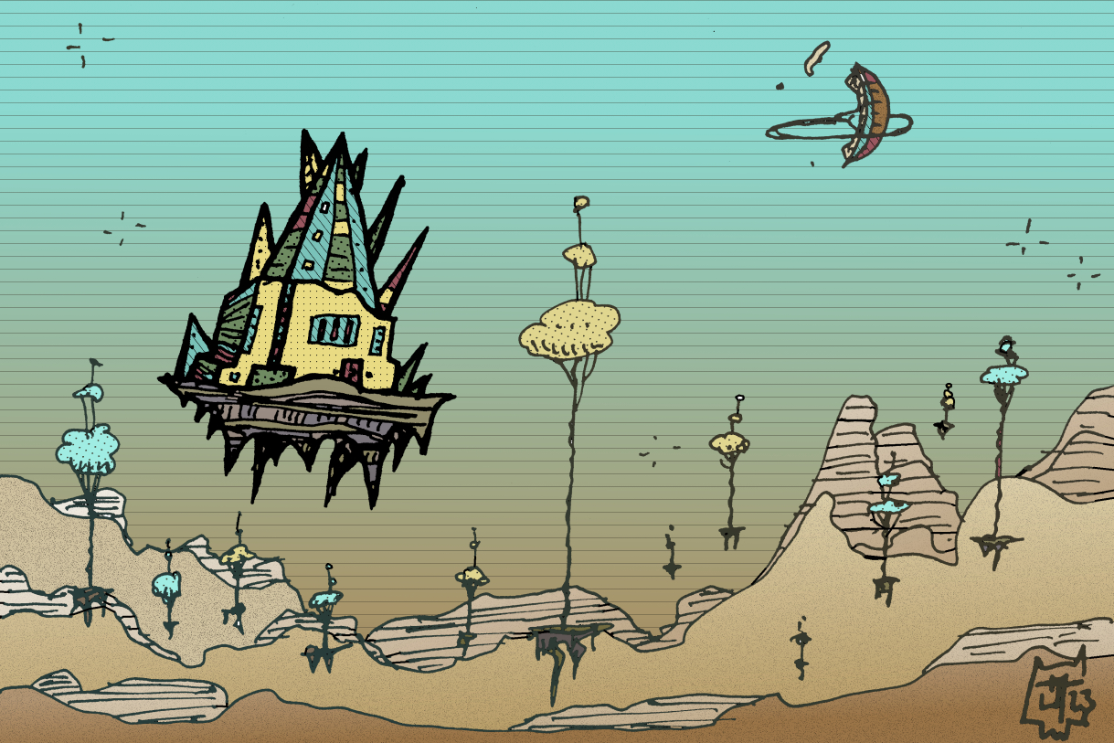 A scrap metal bunker floats on a small island, above a sprawling badlands. There's balloon-shaped trees floating on their own islands around it, with a broken planet with a ring around it in the turquoise sky.