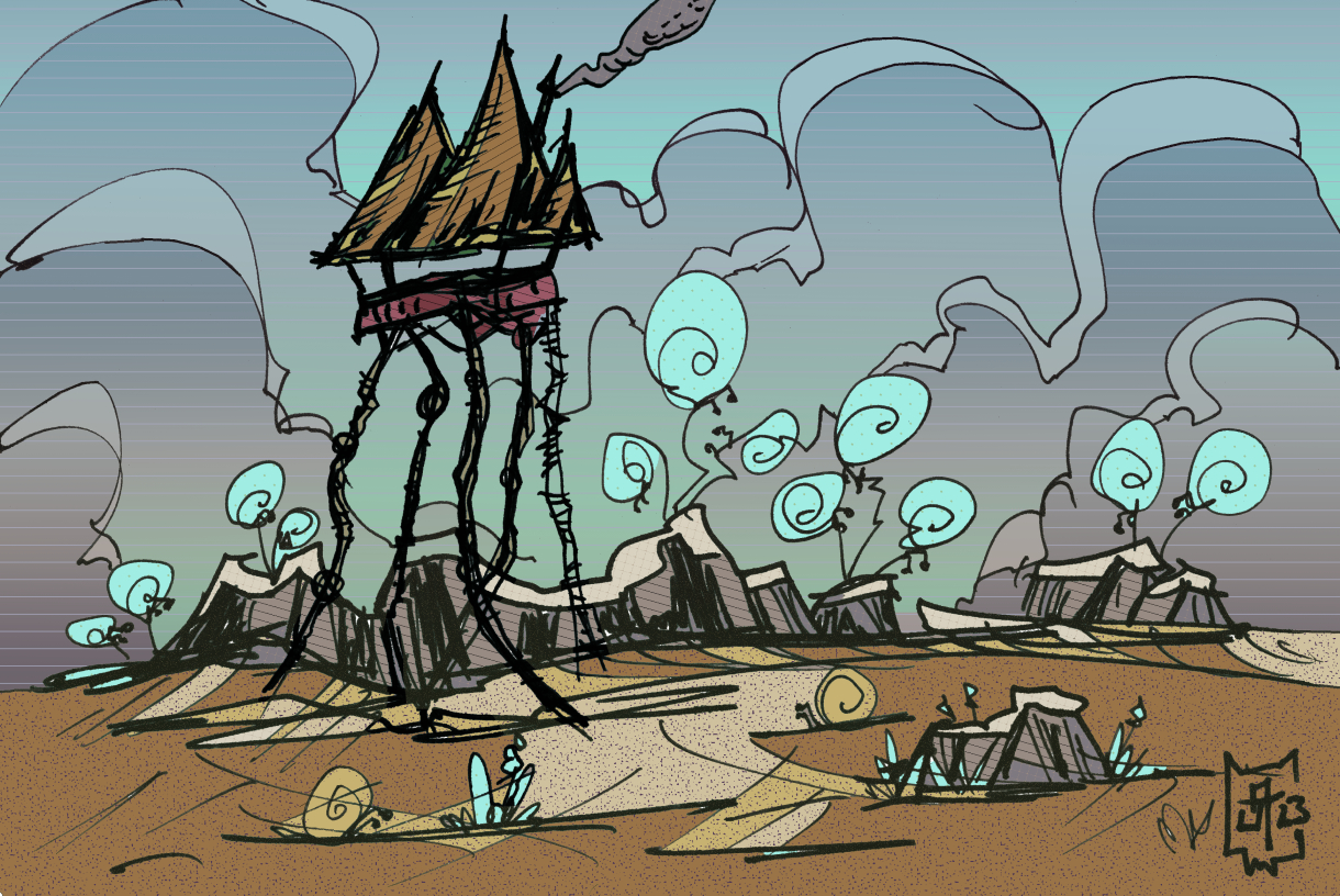 A giant, steam-powered walking village wanders through a desert on spindly legs. A rope ladder hangs from behind it. There are giant turquoise trees that look like snails growing in the background, which is a hazy, cloudy sky. Some giant yellow-shelled snails wander the foreground.
