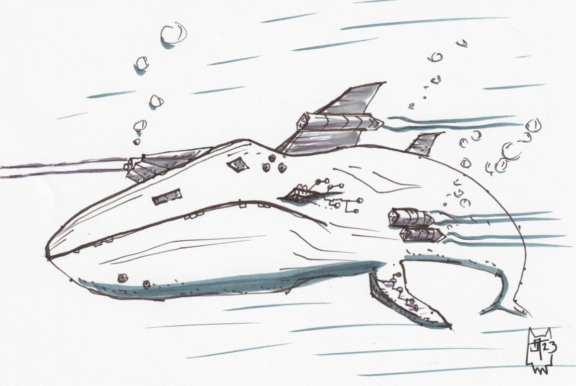 A bright white cyborg whale cruises through the water. It is powered by jet turbines, has a pair of metallic fins, a laser cannon mounted to its forehead, and circuitry accenting its eyes and fin.