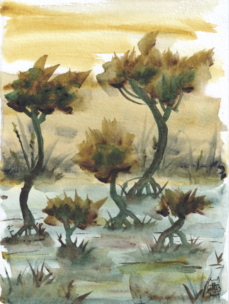 Watercolor painting of some swampy trees during golden hour in the evening