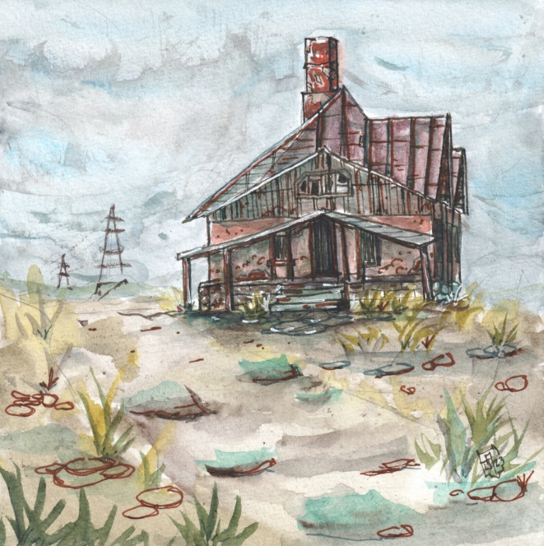 Watercolor painting of a dilapidated old building next to a dirt path