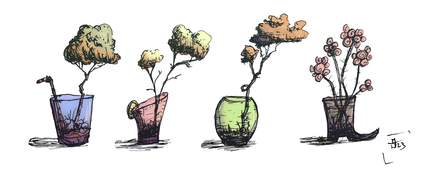 Four drink glasses, one shaped like a boot, with trees growing from them
