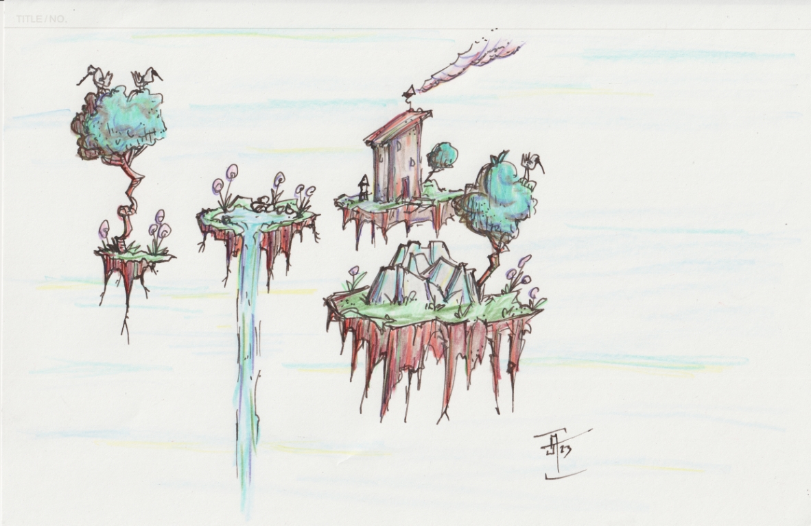 Pen drawing of some floating islands with a house, a waterfall, all colored with colored pencil