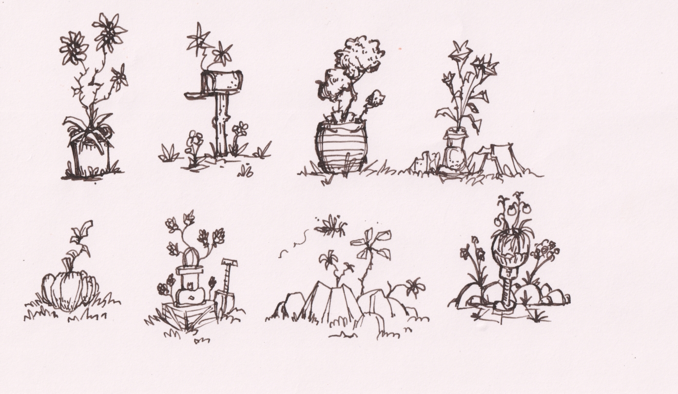 Some ink doodles of some various props -- most overgrown with plants, but like a mailbox, a barrel, some rocks