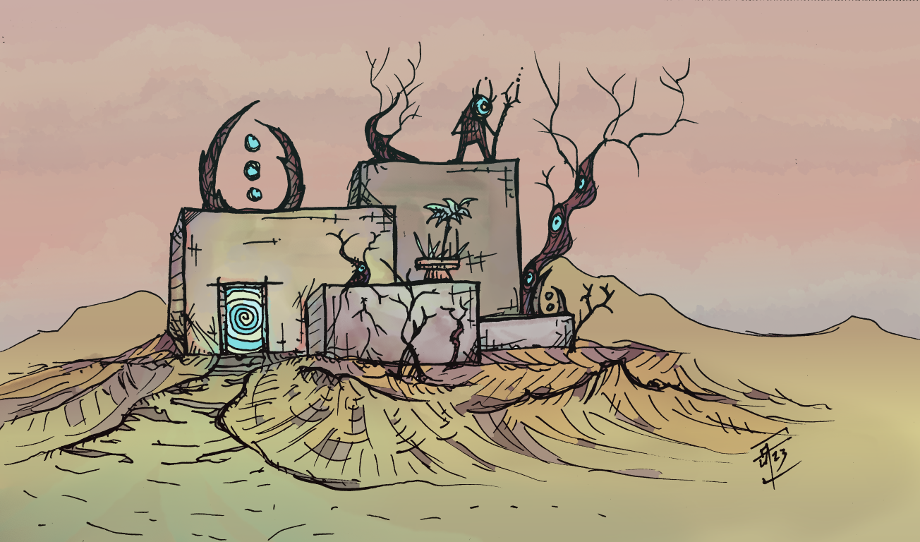 A digitally-colored scene of a few blocky structures surrounded by craggly trees, some with eyes. There is a portal in the wall of one of the structures, and on top of it is a strange construct made of two horns with three orbs floating in-between. On another structure is an imp who appears to be the tender of and spawn of the weird trees.
