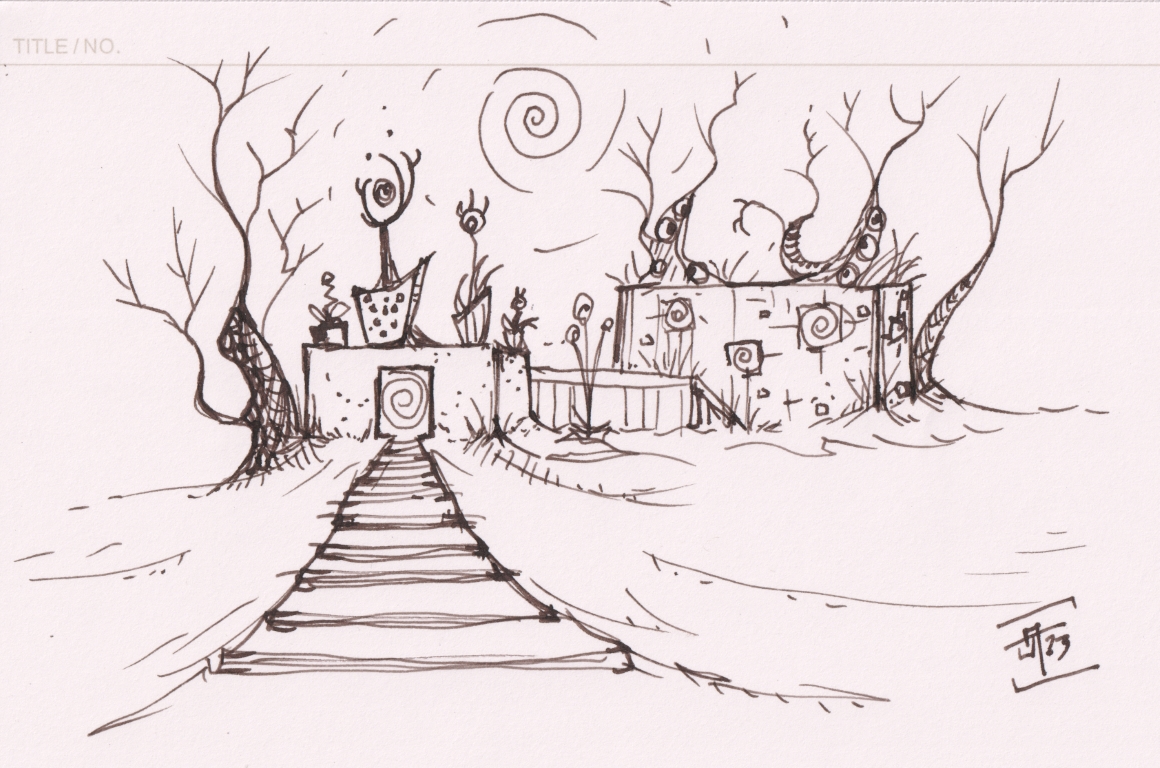 A surreal scene of a path leading to a building with a portal in it, surrounded by a bunch of scraggly, strange trees and a spiral in the sky