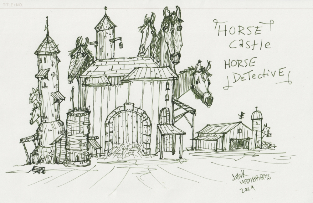 A castle surrounded by giant horses peeking their heads from behind it. It contains the text "Horse Castle, Horse Detective"