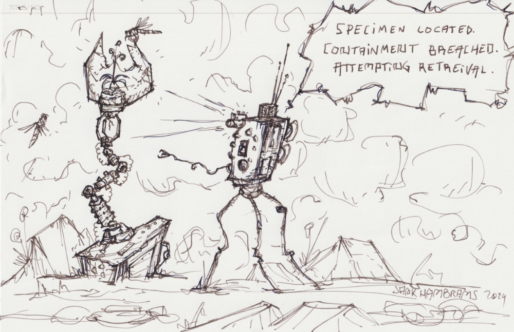 A robot with three spindly legs approaches a broken terrarium bulb containing flowers, which is held up by an even larger robotic arm. It is surrounded by buzzing insects.
