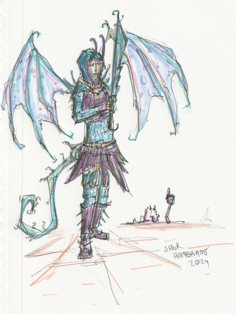 A winged fae dragon night stands guard, wielding a large sword.