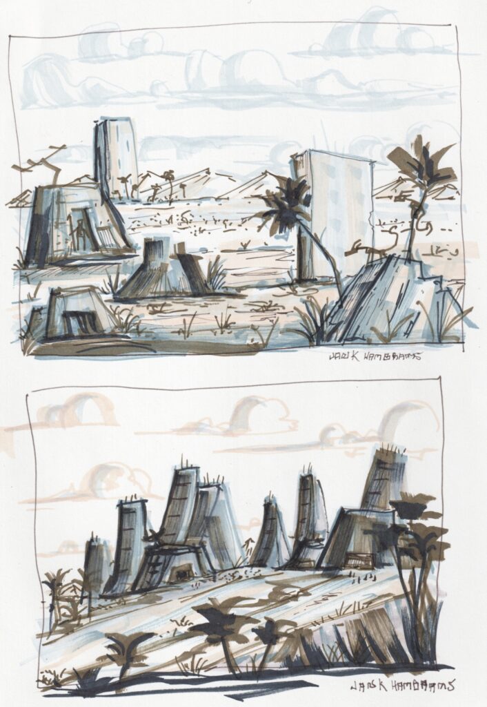 Sketch page of two wasteland scenes -- one of a plains with derelict structures, the other of a hill with many people going into a giant temple amongst many, in the distance.