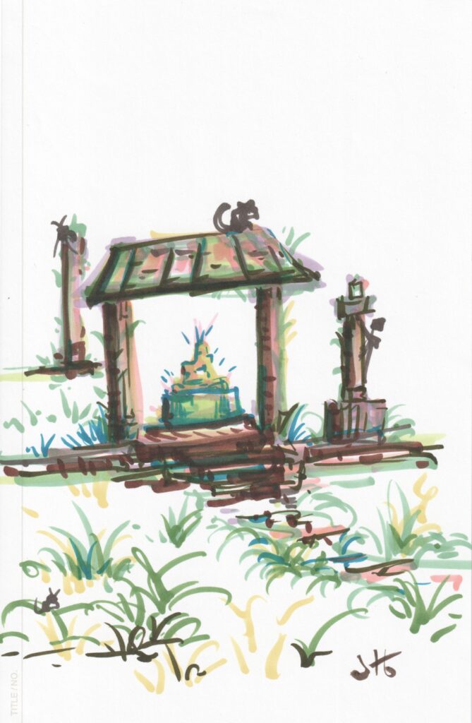 A little shrine containing some kind of odd offering or uncertain idol. A cat sits atop the shrine's roof.