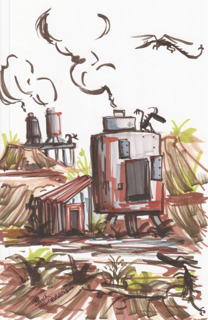 Some giant furnaces or other sort of machine sit scattered occupy the foreground and background, with a little shed next to one. Some mischievous dragons play about the structures. There are some large clumps of grasses amidst these arid lands.