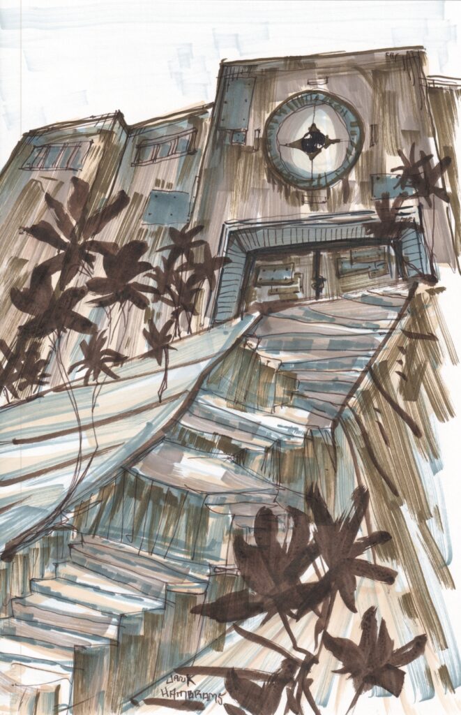 Atop an incredibly uneven staircase sits an ominous structure. Brown palm trees flank the stairs. The structure is very tall and wide, made of scrap metal. There is a large, mechanical eye built into the wall above a heavy blast door that leads into the structure.