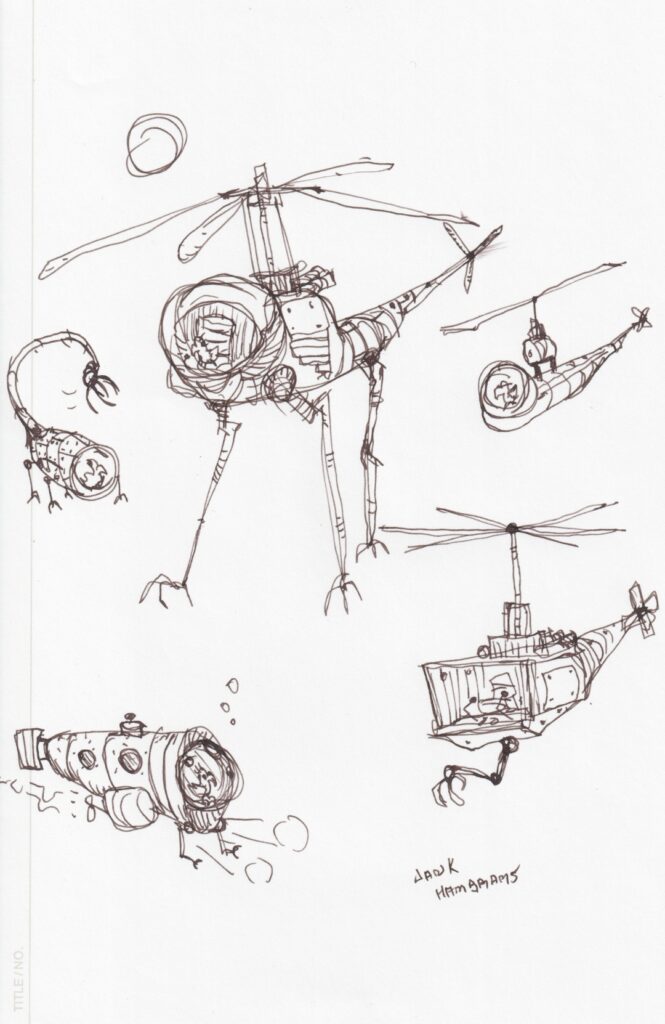 An assortment of odd machines, some insect-like and others more mechanical. The machines are all piloted by chickens.