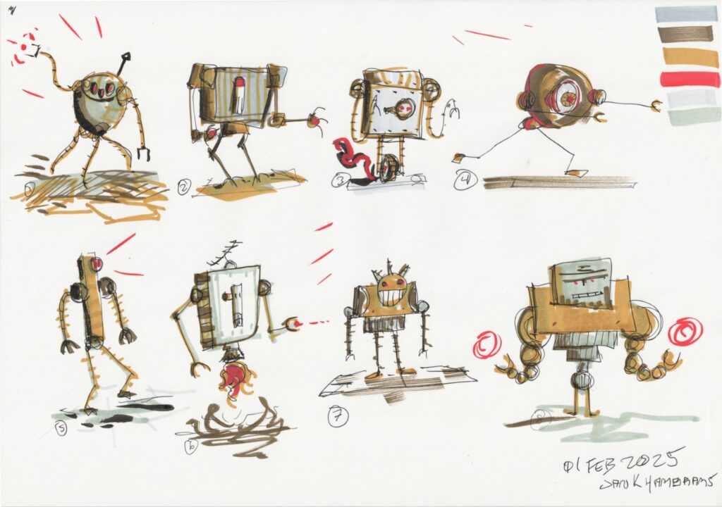 A sketch page full of eight different robots. Some have claws, one has a wheel, others shoot lasers or conjure fireballs. All are rather unique in their stance and attitude.