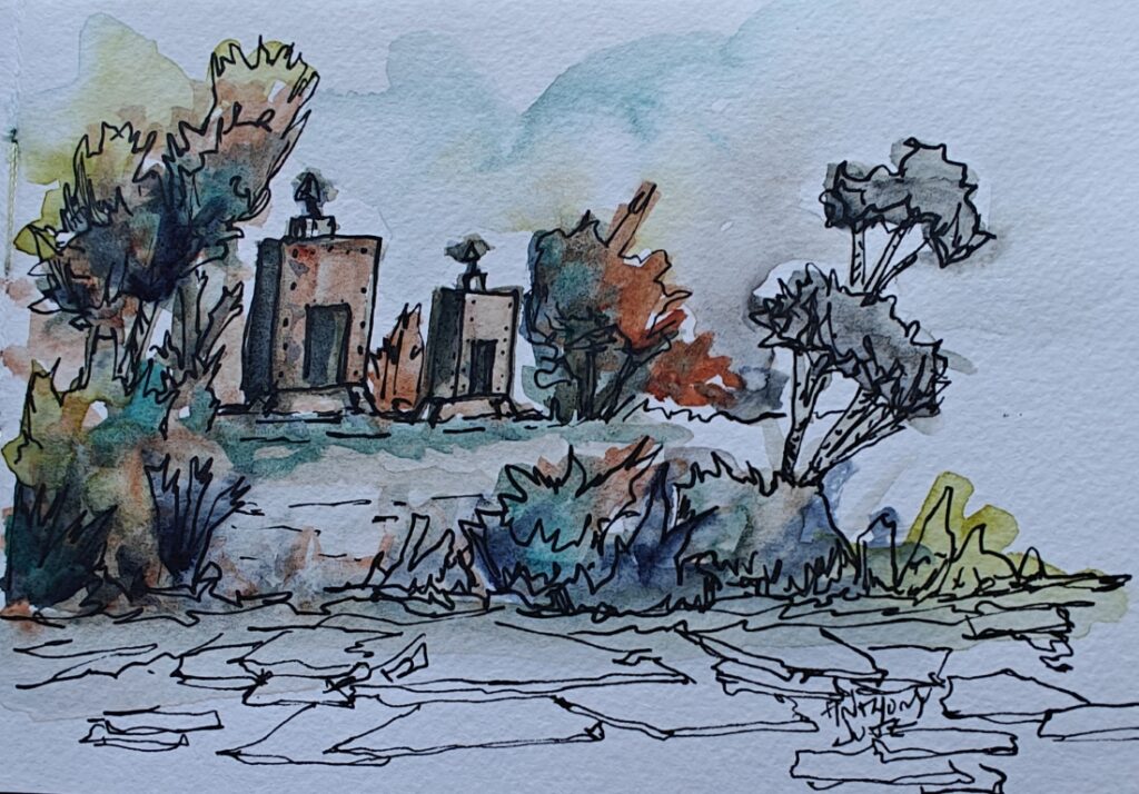 A watercolor sketch of a couple sketchy looking, rusted metal shelters amidst a vivid forest.