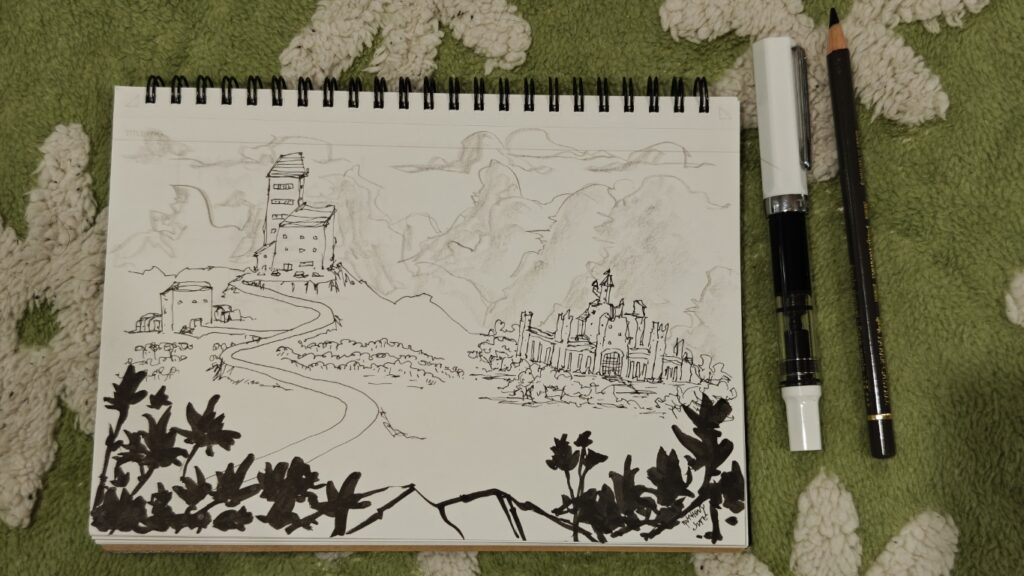 Upon a hill is a villa with a trail winding down past a vineyard. Off to the side is a decrepit castle. The viewer is looking from a wooded, rocky outcropping.