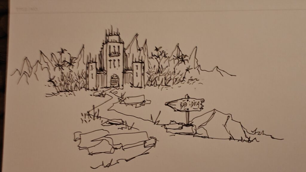 At the end of a trail lies a very creepy castle, amidst a jagged, rocky landscape. Near the viewer, at a fork in the trail, is a sign that states "bad idea" and is pointing at the castle.