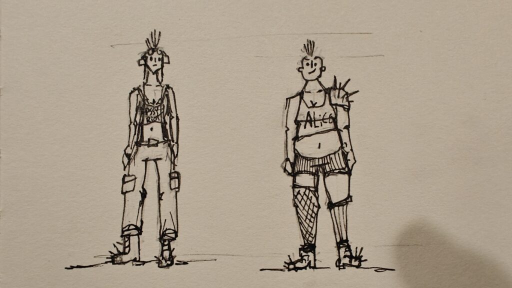 A pair of cartoony punk women, who are wearing suitable garb that includes tank tops, cargo pants or short shorts, and spiky boots. They both have mohawks.