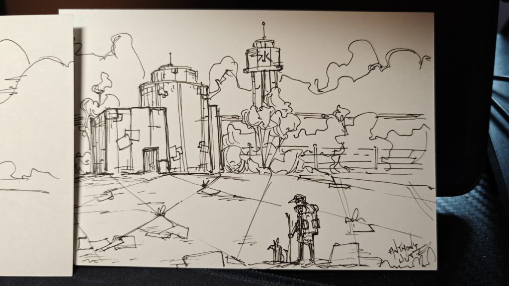 A hiker and his dog stand at the start of a large asphalt lot, gazing at a patchwork pair of metal structures at the other end. In the distance, beyond a fence and some trees, is a large tower.