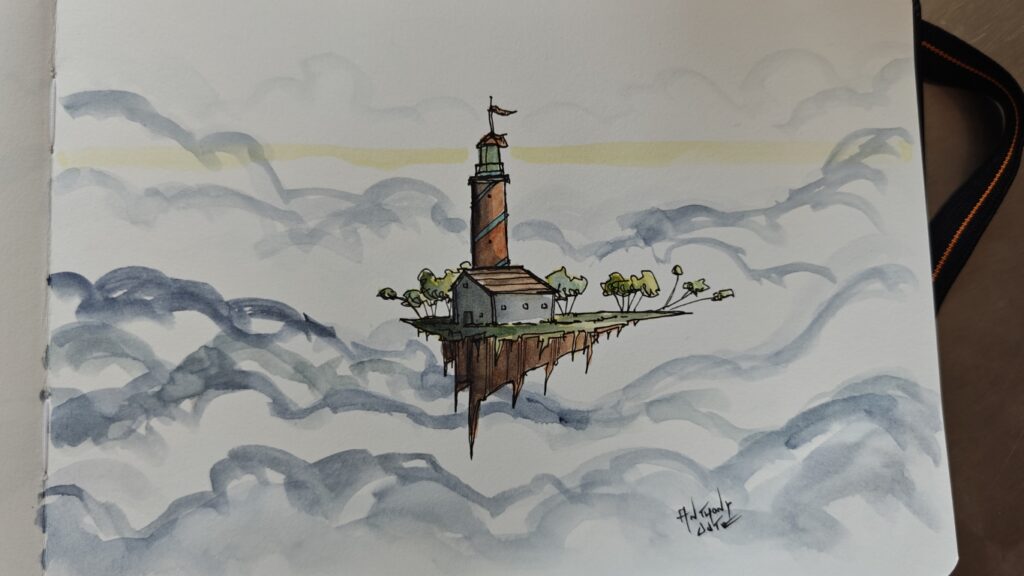Floating amidst clouds in a massive sky, is a lighthouse upon a floating island. It is emitting a yellow signal light. Next to the lighthouse is a house and a bunch of deciduous trees.