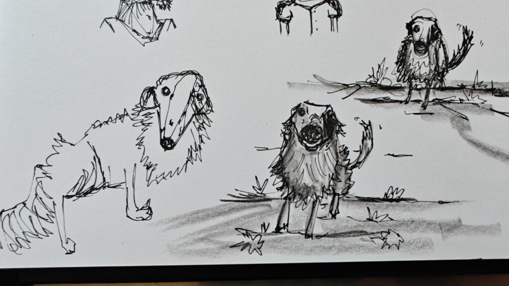 A sketch page of some adorably goofy dogs, all looking happily at the viewer. The dogs are silken windhounds, which have long faces and big noses.